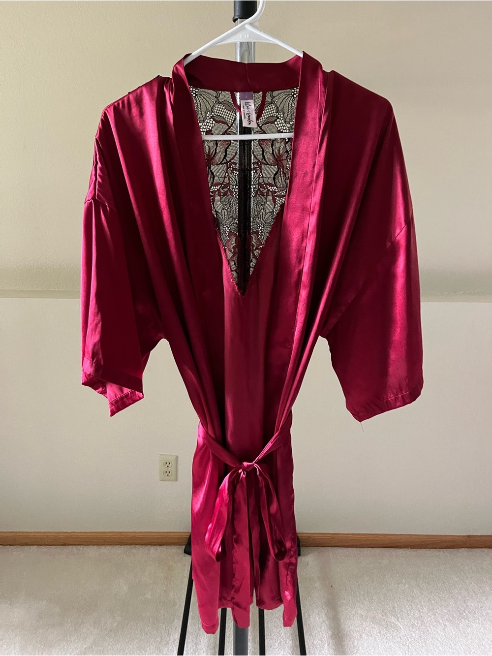 Satin Lace-Back Robe in Deep Burgundy